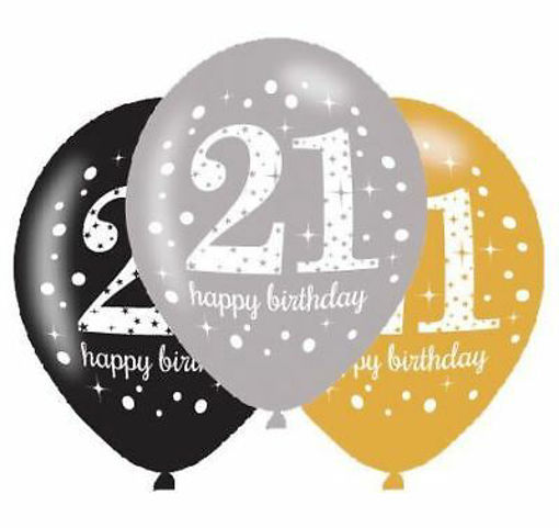 Picture of 21ST BIRTHDAY GOLD SILVER & BLACK 11INCH LATEX BALLOONS -6PK